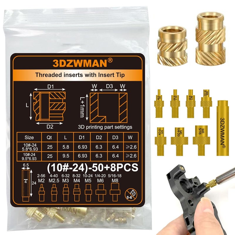 3DZWMAN #10-24 Threaded Inserts with M2-M8 Heat Set Insert Tools,Brass UNC knurled Nuts for 3D Printing Components and Plastic Parts(25Pcs #10-24 * 5.8 * 6.93 and 25Pcs #10-24 * 9.5 * 6.93) - Image 1